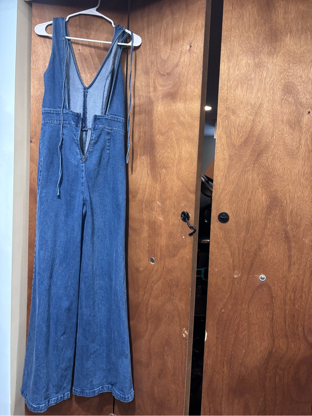 Denim Wide-Leg V-Neck Jumpsuit in Blue